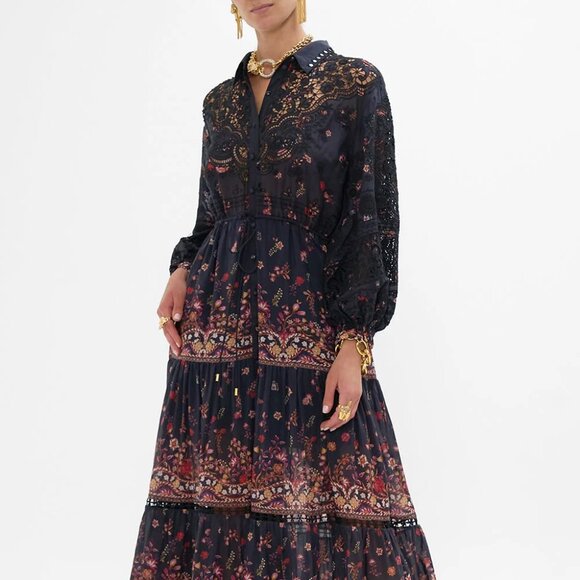 Embroidered Tiered Long Shirt Dress in "Loom to Tomb" pattern - Picture 1 of 11